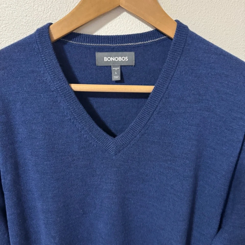 Bonobos Extra Fine Merino Wool V Neck Pullover Sweater Blue Preppy Academia-L